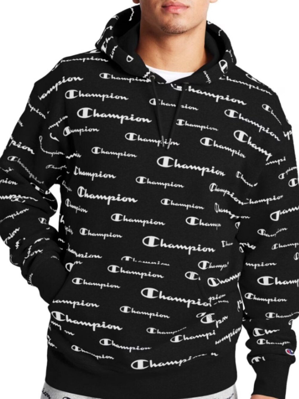 Champion NWT Black All-Over Logo Pullover Hoodie Men's Size Small